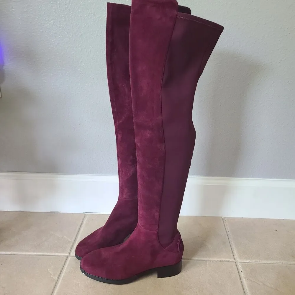 Tory Burch OTK Boots Caitlin Plum Suede Over-the-Knee Stretch Back Logo Sz 8 New